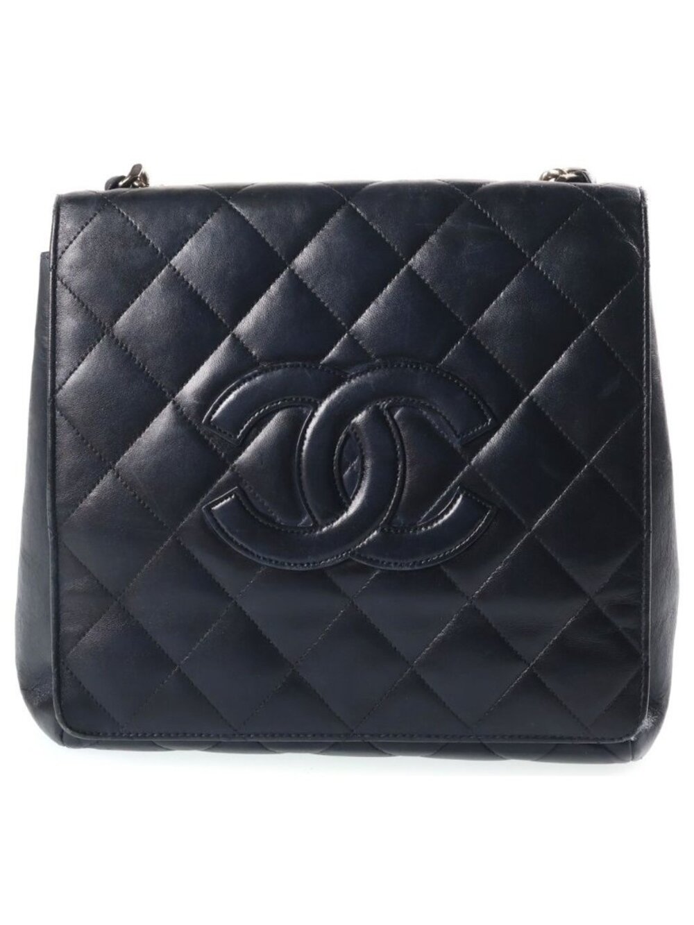 Chanel CC Logo Chain Handbag Quilted Silver Lambskin Black
